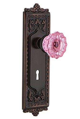 Nostalgic Warehouse 721547 Egg & Dart Plate with Keyhole Passage Crystal Pink Glass Door Knob in Timeless Bronze, 2.75