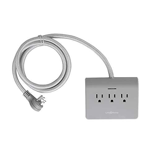Link 2 Home EM-TXC202B Surge Protector, 5ft Extension, 3 Outlets Strip, 4 Ports, 4.8A USB, Braided Cable with Low Profile Plug, Grey Fabric Cord Power Dock 1pk