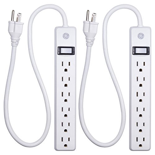 GE 2-Pack 6-Outlet Power Strip, 2ft Cord, Wall Mount, Integrated Circuit Breaker, 14AWG, UL Listed, White, 14087
