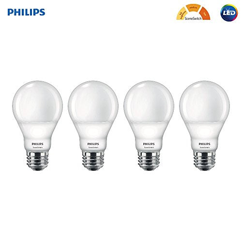 Philips LED A19 SceneSwitch Soft White 3-Setting Light Bulb with Warm Glow Effect: Bright/Medium/Low (60-Watt Equivalent), E26 Base, 4-Pack
