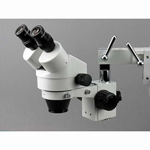 Load image into Gallery viewer, AmScope SM-3B-FRL Professional Binocular Stereo Zoom Microscope, WH10x Eyepieces, 7X-45X Magnification, 0.7X-4.5X Zoom Objective, 8W Fluorescent Ring Light, Single-Arm Boom Stand, 110V-120V
