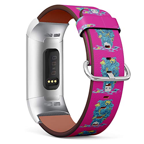 Replacement Leather Strap Printing Wristbands Compatible with Fitbit Charge 3 / Charge 3 SE - Mermaid Illustration in Fashion Fuchsia Background