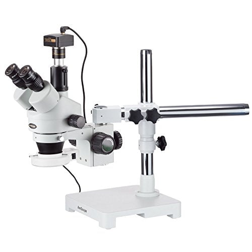 AmScope SM-3TZ-54S-10M Digital Professional Trinocular Stereo Zoom Microscope, WH10x Eyepieces, 3.5X-90X Magnification, 0.7X-4.5X Zoom Objective, 54-Bulb LED Light, Single-Arm Boom Stand, 110V-240V, I