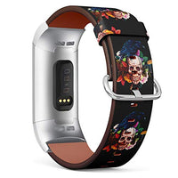 Replacement Leather Strap Printing Wristbands Compatible with Fitbit Charge 3 / Charge 3 SE - Floral Skull and Crow Pattern