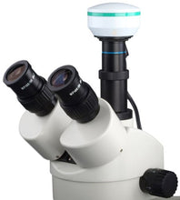 Load image into Gallery viewer, OMAX 3.5X-90X Digital Zoom Articulating Arm Trinocular Stereo Microscope with 2.0MP USB Camera and 54 LED Ring Light
