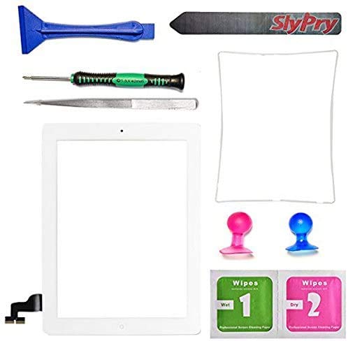 Prokit Adhesive New White iPad 2 Digitizer Touch Screen Front Glass Assembly - Includes Home Button + Camera Holder + PreInstalled Adhesive with SlyPry Tools kit (White)