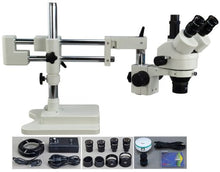 Load image into Gallery viewer, OMAX 2X-90X Digital Zoom Trinocular Dual-Bar Boom Stand Stereo Microscope with 2.0MP USB Camera and 144 LED Ring Light with Light Control Box
