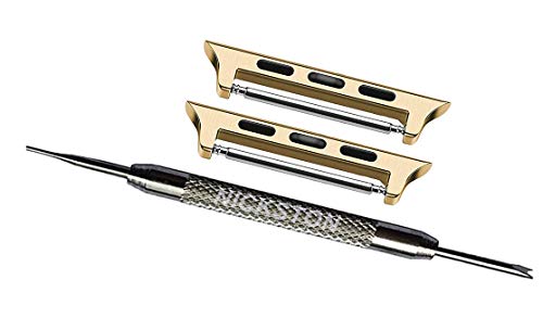 Gold Color Pair Connectors Lugs Adapters with Spring Bar Pin and Tool Compatible with Apple Watch 42mm All Series SE 6 5 4 3 2 1 Band Strap Replacement - Fits up to 24mm Watch Straps