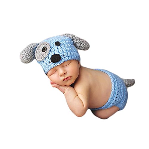 Baby Photography Props Boy Girl Photo Shoot Outfits Newborn Crochet Costume Infant Knitted Clothes Puppy Hat Shorts (Blue)