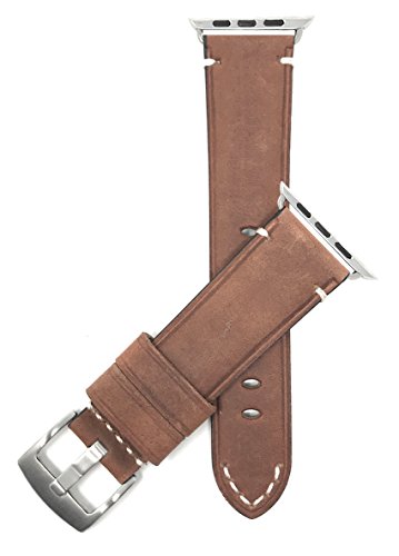 Bandini Replacement Watch Band for Apple Watch 42mm/44mm, Tan, Vintage, Leather, Stitch, Stainless Steel Buckle, Fits Series 6, 5, 4, 3, 2, 1