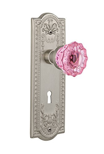 Nostalgic Warehouse 721642 Meadows Plate with Keyhole Passage Crystal Pink Glass Door Knob in Satin Nickel, 2.75