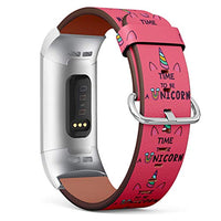 Replacement Leather Strap Printing Wristbands Compatible with Fitbit Charge 3 / Charge 3 SE - Time to Be A Unicorn Hotpink Background