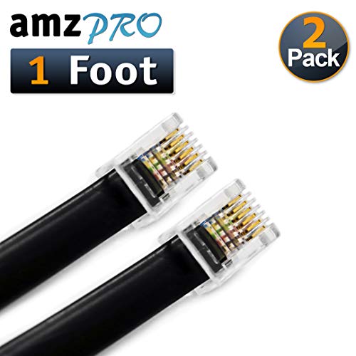 (2 Pack) 1 Foot RJ12 6P6C Telephone Cable for Voice 12 inch Modular Telephone Cord (Black - Reverse Wiring)