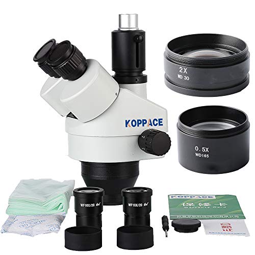 KOPPACE Trinocular Stereo Microscope,WF10X/20 Eyepieces,3.5X-90X,Mobile Phone Repair Microscope,Rocker Bracket,144 LED Ring Light,Includes 0.5X and 2.0X Barlow Lens
