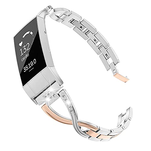 Wearlizer Compatible with Fitbit Charge 3 / Charge 4 Bands for Women Metal Replacement Charge 3 hr Band Strap with Bling Rhinestone Bangle for Fitbit Charge 4 Special Edition - Rose Gold Silver