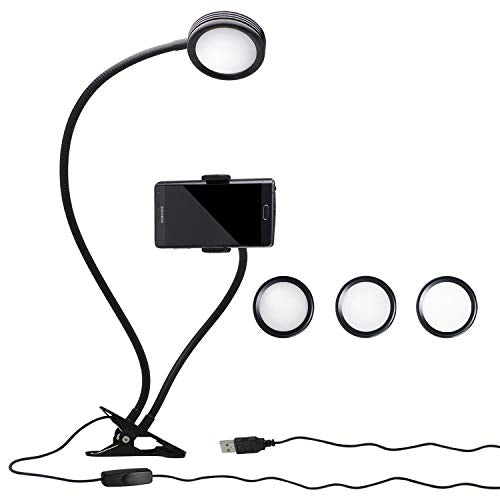 LS Photography Selfie Ring Light with Gooseneck Extension Bar & Spring Clamp Mounting Adapter & Spring Cell Phone Clip Holder, 3-Level Brightness Control Switch, USB Power Cable Port, LGG623