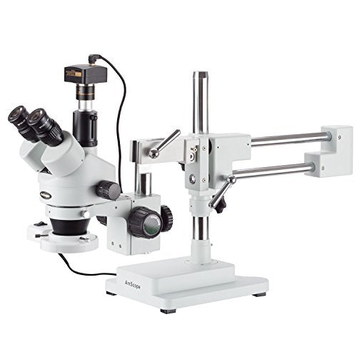 AmScope 3.5X-90X Simul-Focal Boom Stereo Microscope with a Fluorescent Light and 1.3MP Camera