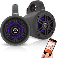 Waterproof Marine Wakeboard Tower Speakers - 4 Inch Dual Subwoofer Speaker Set w/LED Lights & Bluetooth for Wireless Music Streaming - Boat Audio System w/Mounting Clamps - Pyle PLMRLEWB47BB