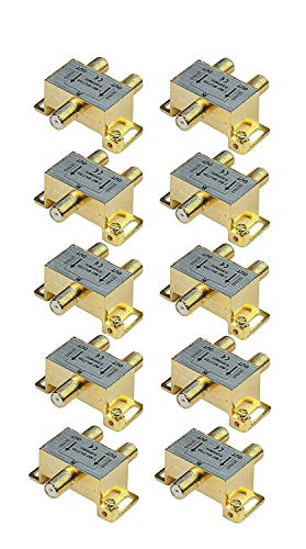 iMBAPrice 110013-10 (10-Pack) Glod Plated 2.4 Ghz 2-Way Coaxial Cable Splitter F-Type Screw for Video Satellite Splitter/VCR/Cable Splitter/TV Splitter/Antenna Splitter/RG6 Splitter