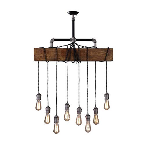 Industrial Rustic Wood Beam Linear Island Pendant Light 8-Light Chandelier Lighting Hanging Ceiling Fixture