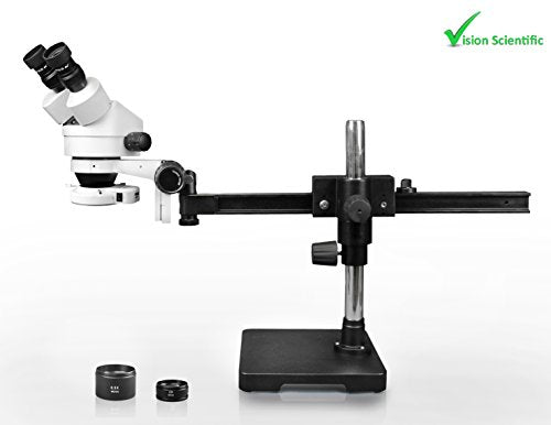 Vision Scientific Binocular Zoom Stereo Microscope, 10x WF Eyepiece, 0.7x4.5x Zoom, 3.5x90x Magnification, 0.5x & 2x Aux Lens, Gliding Arm Boom Stand, 56-LED Ring Light with Control