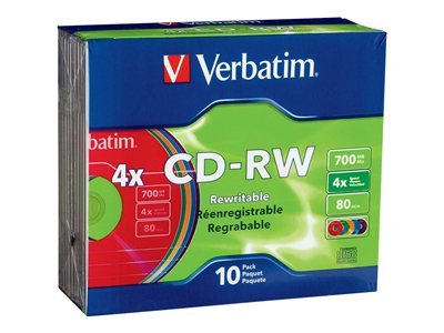 Verbatim CD-RW 700MB 2X-4X DataLifePlus with Color Surface and Matching Case - 10pk Slim Case, Assorted - 120mm - 1.33 Hour Maximum Recording Time
