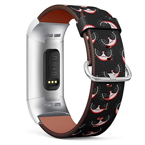 Replacement Leather Strap Printing Wristbands Compatible with Fitbit Charge 3 / Charge 3 SE - Cheshire cat Smiling Pattern on Black Background