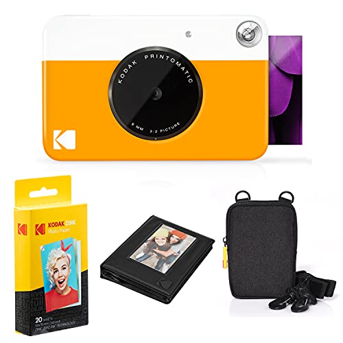 Kodak Printomatic Instant Camera Bundle (Yellow) Zink Paper (20 Sheets) - Case - Photo Album - Hanging Frames.