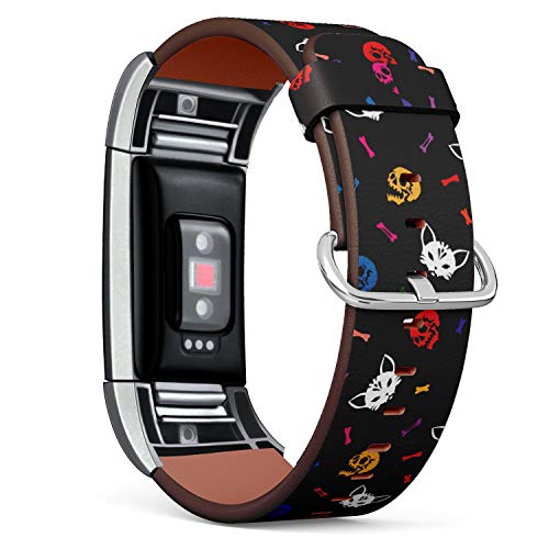 Replacement Leather Strap Printing Wristbands Compatible with Fitbit Charge 2 - Cat and Human Skulls and Bones Pattern