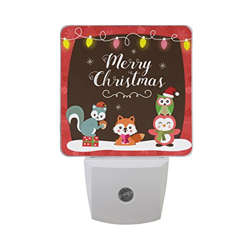 Naanle Set of 2 Merry Christmas Owl Fox Animals Snowflake Auto Sensor LED Dusk to Dawn Night Light Plug in Indoor for Adults