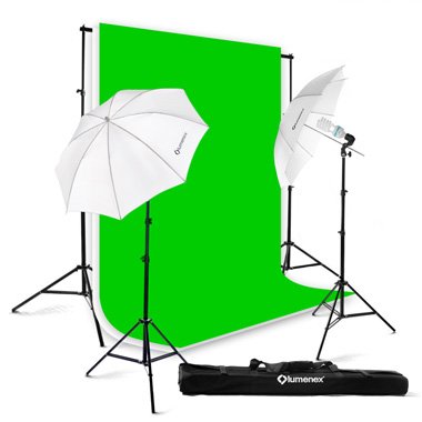 Lumenex Studio 400W Photography Lighting Light Kit + 10' x 10' 100% Cotton Green Chroma Key Muslin Backdrop Background + 10' x 10' 100% Cotton White Muslin Backdrop Background Photo Portrait Studio 32