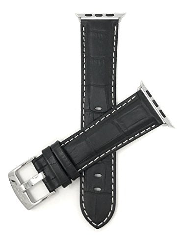 Bandini Replacement Watch Band for Apple Watch 42mm / 44mm Black, Mens' Alligator Style Leather, White Stitching, Stainless Steel Buckle, Fits Series 6, 5, 4, 3, 2, 1