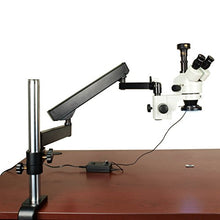 Load image into Gallery viewer, OMAX 3.5X-90X Digital Zoom Articulating Arm Trinocular Stereo Microscope with 2.0MP USB Camera and 144 LED Ring Light with Light Control Box
