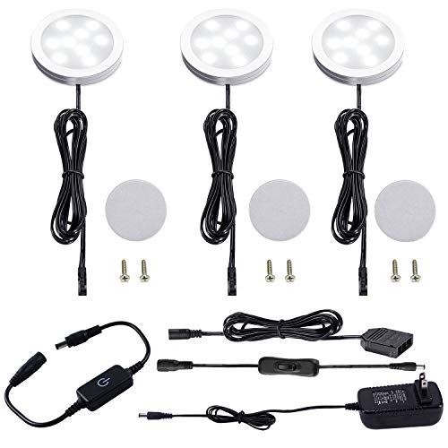 AIBOO Under Cabinet LED Puck Lighting Kit Black Cord with Touch Dimmer Switch for Kitchen Showcase Cupboard Closet Lighting 3 Lights 6W (Daylight White)