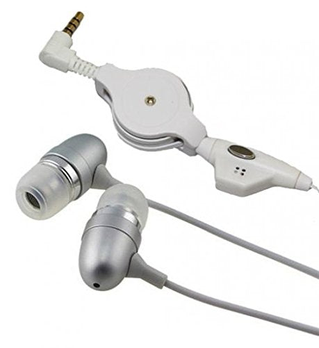Retractable Headset Hands-free Earphones w Mic Dual Metal Earbuds Headphones In-Ear Wired [3.5mm] [Silver] for Tracfone LG Rebel - Tracfone LG Sunrise - Tracfone LG Treasure - Tracfone LG Ultimate 2