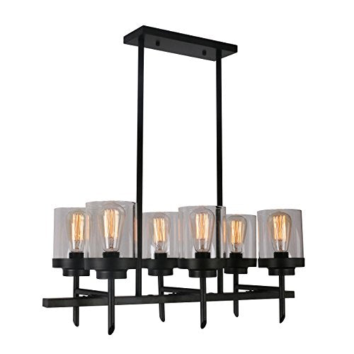 Unitary Brand Antique Black Metal Glass Shade Kitchen Island Light Fixture with 6 E26 Bulb Sockets 240W Painted Finish