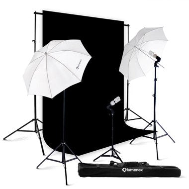 Lumenex Studio 420 Watt Photography Lighting Light Kit + 10' x 10' 100% Cotton Black Muslin Backdrop Background Photo Portrait Studio 32