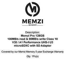 Load image into Gallery viewer, MEMZI PRO 128GB Micro SDXC Memory Card for ASUS ZenFone AR, 5Q, 5Z, 4, 4 Pro, 4 Max, V, Live Cell Phones - High Speed Class 10 100MB/s Read 90MB/s Write V30 A1 UHS-I U3 4K Recording with SD Adapter
