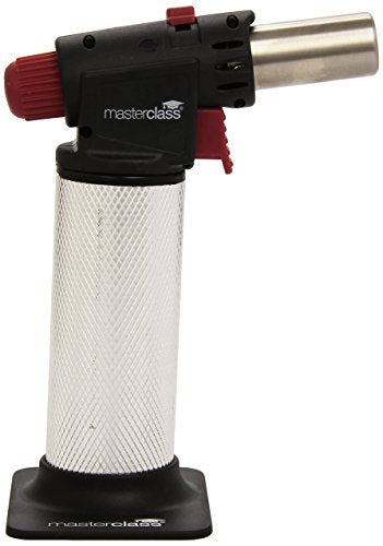 Master Class Blow Torch, Refillable Kitchen Gas Torch, Adjustable Anti-Flare Flame, Non-Slip Metal Design, Silver/Black/Red