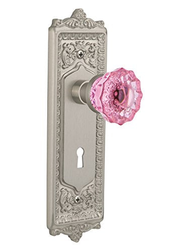 Nostalgic Warehouse 725479 Egg & Dart Plate with Keyhole Privacy Crystal Pink Glass Door Knob in Satin Nickel, 2.375