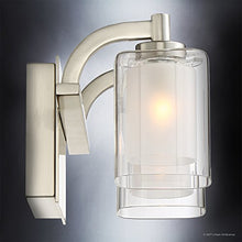 Load image into Gallery viewer, Luxury Modern Bathroom Vanity Light, Medium Size: 6&quot;H x 13&quot;W, with Posh Style Elements, Brushed Nickel Finish and Sand Blasted Inner, Clear Outer Glass, G9 LED Technology, UQL2400 by Urban Ambiance
