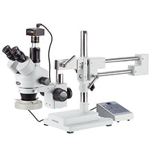 Load image into Gallery viewer, AmScope SM-4TZ-80AM-5M Digital Professional Trinocular Stereo Zoom Microscope, WH10x Eyepieces, 3.5X-90X Magnification, 0.7X-4.5X Zoom Objective, Eight-Zone LED Ring Light, Double-Arm Boom Stand, 110V
