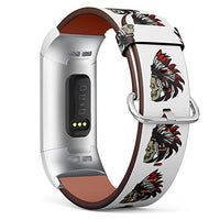 Leather Bracelet Watch Band Strap Replacement Wristband Compatible with Fitbit Charge 3 / Charge 3 SE - Native American Indian Chief Skull with Headdress