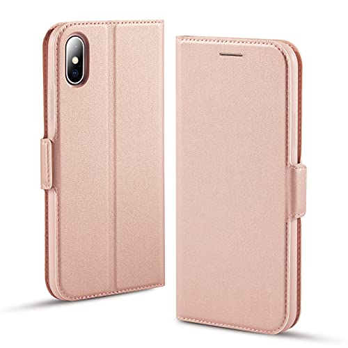 Aunote iPhone X Case, iPhone Xs Phone Case, Slim Flip/Folio Cover  Wallet Style: Made of PU Leather and TPU Inner (Lightweight, Feels Good) Full Protection for Apple iPhone 10/X/XS. Rose Gold