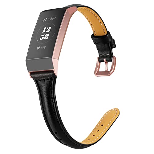 Wearlizer Compatible with Charge 3 Bands for Women Slim Leather Replacement Charge hr 3 Special Edition Rose Gold Band Assesories Strap Black