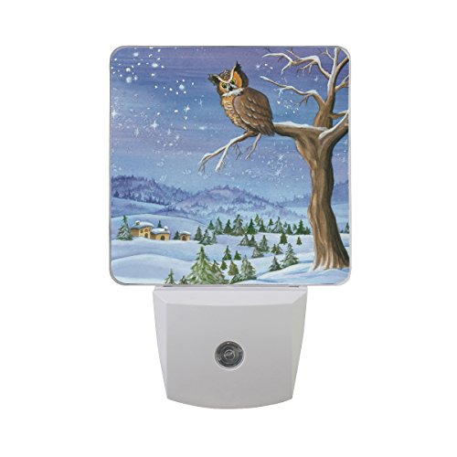 Naanle Set of 2 Winter Landscape Christmas Owl Tree Branch Snowflake Auto Sensor LED Dusk to Dawn Night Light Plug in Indoor for Adults