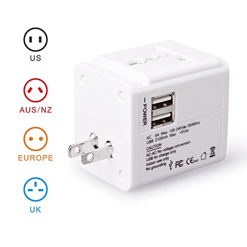CRAZY AL'S CA615(2.1A) Worldwide Universal International Travel Adapter, with 2 USB Charging Ports & Universal AC Socket,Suitable for Apple, Samsung, Sony, BlackBerry, HTC,etc. White