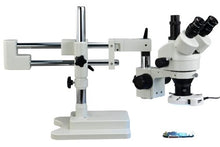 Load image into Gallery viewer, OMAX 3.5X-90X Zoom Trinocular Dual-Bar Boom Stand Stereo Microscope with 64 LED Ring Light
