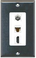 RiteAV Decorative 1 Gang Wall Plate (Stainless Steel/White) 3 Port - Coax (White) Cat6 (White) HDMI (White)