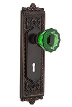 Load image into Gallery viewer, Nostalgic Warehouse 725484 Egg &amp; Dart Plate with Keyhole Privacy Crystal Emerald Glass Door Knob in Timeless Bronze, 2.375
